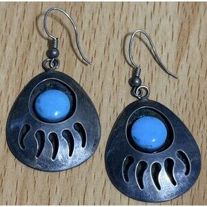 Vintage Native Signed Bear Paw Turquoise Sterling Dangle Earrings